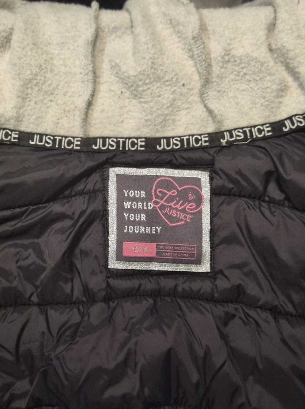 Justice Girl's Black Quilted Puffer Jacket with Gray Hood Lining